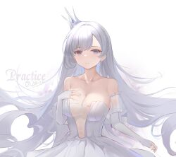 Rule 34 | 1girl, absurdres, argus (azur lane), azur lane, bare shoulders, breasts, cleavage, collarbone, commentary request, crown, dress, elbow gloves, fingerless gloves, gloves, grey eyes, highres, large breasts, long hair, mini crown, solo, upper body, very long hair, white dress, white gloves, white hair, xifanqvq