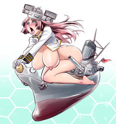 Rule 34 | 10s, 1girl, @ @, aqua eyes, ass, barefoot, blush, breasts, butt crack, gloves, highres, huge breasts, kantai collection, long hair, nipples, object insertion, open mouth, original, personification, pink hair, rising sun flag, ship, solo, source request, sunburst, tatsunami youtoku, thighs, toes, watercraft