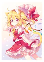 Rule 34 | 1girl, ahoge, animal ears, arm behind head, back bow, blonde hair, bloomers, blush, bow, cat ears, cat tail, cowboy shot, crystal, flandre scarlet, from side, gradient background, hand up, hat, hat bow, unworn hat, unworn headwear, kemonomimi mode, looking at viewer, looking back, mimi (mimi puru), mob cap, neck ribbon, one side up, parted lips, petticoat, puffy short sleeves, puffy sleeves, red bow, red eyes, red skirt, red vest, ribbon, shirt, short hair, short sleeves, skirt, skirt set, solo, standing, star (symbol), tail, touhou, underwear, vest, white shirt, wings, wrist cuffs, yellow ribbon