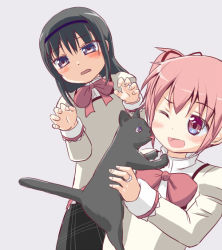 Rule 34 | 10s, 2girls, :p, ;d, akemi homura, black cat, black hair, blush, bow, cat, claw pose, dune (artist), evil smile, grey background, hairband, holding, kaname madoka, licking, long hair, mahou shoujo madoka magica, mahou shoujo madoka magica (anime), multiple girls, one eye closed, open mouth, pink eyes, pink hair, purple eyes, school uniform, short twintails, simple background, skirt, smile, tongue, tongue out, twintails, wavy mouth, whiskers