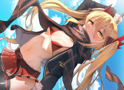 Rule 34 | 1girl, belt, bikini, black jacket, blonde hair, blue sky, blush, breasts, character request, hair ornament, jacket, k pring, long hair, long sleeves, looking at viewer, miniskirt, navel, open clothes, open jacket, red: pride of eden, red bikini, red skirt, scarf, skirt, sky, small breasts, swimsuit, thighhighs, thighs, twintails, yellow eyes