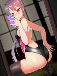 Rule 34 | 1girl, absurdres, akebono (kancolle), ass, black eyes, black one-piece swimsuit, black thighhighs, breasts, commentary request, competition swimsuit, dutch angle, flower, hair flower, hair ornament, highleg, highleg swimsuit, highres, holding, holding phone, kantai collection, katsuten, long hair, looking at object, looking at phone, mirror, multicolored clothes, multicolored swimsuit, one-piece swimsuit, phone, purple hair, reflection, selfie, side ponytail, small breasts, solo, squatting, swimsuit, taking picture, thighhighs, very long hair, wedgie, window