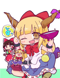 Rule 34 | 3girls, :d, ;d, belt, black belt, blonde hair, blue skirt, blush, bow, brown eyes, chain, closed eyes, commentary request, cup, dual persona, fang, gourd, hair bow, hakurei reimu, hands up, holding, holding tray, horn bow, horn ornament, horns, ibuki suika, kasuga yuuki, long hair, looking at viewer, multiple girls, one eye closed, open mouth, purple bow, red bow, red shirt, red skirt, ribbon-trimmed skirt, ribbon trim, shirt, skirt, smile, touhou, tray, very long hair, white background, white shirt, wrist cuffs, yunomi