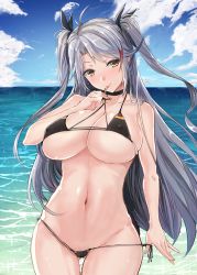 Rule 34 | 1girl, antenna hair, azur lane, bikini, black bikini, black choker, black ribbon, blue sky, breasts, choker, closed mouth, cloud, commentary request, covered erect nipples, cross, day, flag print, german flag, german flag bikini, gin&#039;ichi (akacia), gluteal fold, hair ribbon, halterneck, jewelry, large breasts, long hair, looking at viewer, micro bikini, multicolored hair, navel, necklace, ocean, outdoors, prinz eugen (azur lane), prinz eugen (unfading smile) (azur lane), red hair, ribbon, side-tie bikini bottom, side-tie bottom, silver hair, sky, solo, standing, stomach, strap pull, streaked hair, swept bangs, swimsuit, tongue, tongue out, two-tone hair, two side up, very long hair, water, yellow eyes
