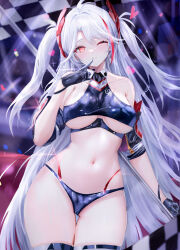 Rule 34 | 1girl, absurdres, age fx, ahoge, azur lane, bare shoulders, black gloves, breasts, commentary request, contrapposto, cowboy shot, crop top, gloves, glowing, glowing eyes, grey hair, grin, halterneck, heart, heart-shaped pupils, highleg, highleg panties, highres, iron blood (emblem), long hair, looking at viewer, medium breasts, microphone, multicolored hair, navel, official alternate costume, one eye closed, orange eyes, panties, prinz eugen (azur lane), prinz eugen (final lap) (azur lane), race queen, smile, solo, stomach, streaked hair, symbol-shaped pupils, thigh gap, thighs, two side up, underboob, underwear, very long hair