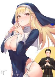 Rule 34 | 1boy, 1girl, absurdres, artist name, black hair, blonde hair, blue nails, blush, breasts, chen yang yang, cleavage, closed eyes, commentary request, cosplay, covered navel, cross, dress, fingernails, grin, habit, heart, heterochromia, highres, hololive, houshou marine, houshou marine (cosplay), houshou marine (nun), jacket, kitagawa marin, large breasts, long hair, long sleeves, looking at viewer, nail polish, nun, own hands together, pink nails, red eyes, short hair, signature, simple background, smile, sono bisque doll wa koi wo suru, steepled fingers, teeth, thighs, underboob, very short hair, virtual youtuber, wavy mouth, white background