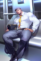 Rule 34 | 1boy, absurdres, bag, baimeme, bara, beard, belt, black hair, bulge, collared shirt, contemporary, cross print, dungeon and fighter, facial hair, full body, head tilt, highres, large hands, large pectorals, male focus, male priest (dungeon and fighter), mature male, muscular, muscular male, necktie, pectorals, shirt, short hair, shoulder bag, sitting, sleeping, solo, thick eyebrows, thick thighs, thighs, train interior, yellow necktie