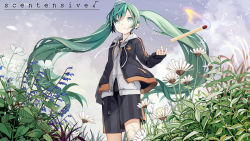 Rule 34 | 1girl, aqua eyes, aqua hair, black jacket, black shorts, bluebell (flower), casual, cloud, cloudy sky, commentary, commentary request, coneflower, feet out of frame, field, fire, flower, from below, grey hoodie, hatsune miku, highres, hood, hoodie, jacket, kari kenji, leaf, long hair, matches, shorts, sky, solo, standing, throwing, twintails, very long hair, vocaloid