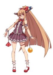 Rule 34 | 1girl, ahoge, alternate costume, arm garter, ball and chain restraint, bare shoulders, bespectacled, blonde hair, bobby socks, bow, chain, contrapposto, full body, glasses, hair bow, horn bow, horn ornament, horns, ibuki suika, kugi ta hori taira, long hair, looking at viewer, mary janes, pigeon-toed, pleated skirt, ponytail, red eyes, semi-rimless eyewear, shoes, simple background, skirt, smile, socks, solo, standing, thigh strap, touhou, under-rim eyewear, very long hair, white background, white socks, wrist cuffs