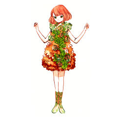 Rule 34 | 1girl, dress, expressionless, flower, full body, hands up, highres, leaf, looking at viewer, meyoco, original, plant, red hair, shadow, simple background, sleeveless, sleeveless dress, solo, standing, white background