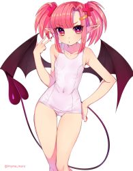 Rule 34 | 1girl, absurdres, bandaid, bandaid hair ornament, bat wings, covered navel, demon girl, demon tail, flat chest, hair ornament, hand on own hip, heart, heart-shaped pupils, highres, looking at viewer, marota, nail polish, one-piece swimsuit, original, pointy ears, red nails, short hair, simple background, solo, swimsuit, symbol-shaped pupils, tail, v, white background, white one-piece swimsuit, wings, x hair ornament