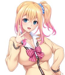 Rule 34 | 1girl, blue eyes, blush, bow, bowtie, breasts, cleavage, crossed bangs, erocas! ~papakatsu gyaru no wana~, eyebrows hidden by hair, female focus, fujimiya haruka, game cg, hair ornament, hair scrunchie, hand on own hip, happy, large breasts, light blush, looking at viewer, multicolored hair, open mouth, original, school uniform, scrunchie, side ponytail, simple background, smile, solo, striped, striped bow, tachi-e, transparent background, two-tone hair, upper body, w, yoshino keiko