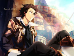 Rule 34 | 1boy, akiyoshi haru, alvin (tales), boots, brown eyes, brown hair, coat, copyright name, ascot, male focus, outdoors, pants, sitting, sky, smile, solo, tales of (series), tales of xillia
