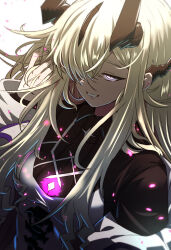 Rule 34 | 1girl, absurdres, arknights, black shirt, blonde hair, breasts, commentary request, dress, eblana (arknights), glowing, hair over one eye, half-closed eyes, hand up, highres, horns, long sleeves, looking at viewer, medium breasts, purple eyes, samacho, shirt, simple background, smile, solo, white background, white dress