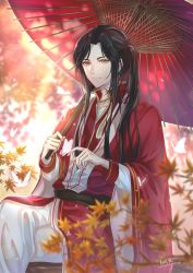 Rule 34 | 1boy, autumn, autumn leaves, bishounen, blurry, brown hair, bug, butterfly, butterfly necklace, chinese clothes, depth of field, highres, holding, holding umbrella, hua cheng, insect, leaf, light smile, long sleeves, makura wet, male focus, maple leaf, orange eyes, parted bangs, red umbrella, semi-transparent, side ponytail, sideburns, sitting, solo, tianguan cifu, umbrella, white butterfly, wide sleeves, yellow eyes