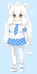 Rule 34 | 1girl, animal ear fluff, animal ears, blue background, blue necktie, blue skirt, blush, breasts, closed mouth, commentary request, elbow gloves, expressionless, full body, gloves, grey eyes, hair between eyes, highres, kemono friends, lets0020, lion ears, lion girl, lion tail, long hair, looking at viewer, medium bangs, medium breasts, miniskirt, necktie, numbered, pantyhose, plaid, plaid necktie, plaid skirt, pleated skirt, short sleeves, simple background, skirt, solo, tail, very long hair, white gloves, white hair, white lion (kemono friends), white pantyhose