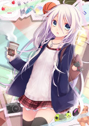 Rule 34 | 1girl, aqua eyes, bag, black thighhighs, cup, hand in pocket, highres, ia (vocaloid), jewelry, kuroi (liar-player), long hair, looking at viewer, necklace, open mouth, plaid, plaid skirt, purple hair, skirt, sleeves past wrists, solo, thighhighs, vocaloid