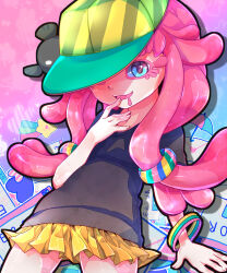 Rule 34 | 1girl, 1other, absurdres, baseball cap, black shirt, blue eyes, clownfish, drooling, fish, hand to own mouth, harmony&#039;s clownfish (splatoon), harmony (splatoon), hat, highres, long hair, looking at viewer, mikushu394, miniskirt, nintendo, one eye covered, open mouth, pink hair, pleated skirt, shirt, short sleeves, skirt, smile, splatoon (series), splatoon 3, striped clothes, striped headwear, t-shirt, tentacle hair, yellow headwear, yellow skirt