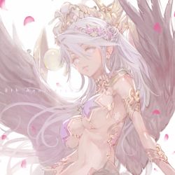 Rule 34 | 1girl, breasts, character request, closed mouth, hair ornament, highres, jewelry, kazama raita, large breasts, long hair, looking at viewer, pasties, puzzle &amp; dragons, simple background, solo, white background, white eyes, white hair, wings