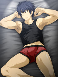...bed sheet, black hair, bulge, crotch, highres, lying, male focus, muscul...