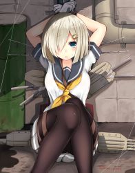 Rule 34 | 10s, 1girl, arms up, bad id, bad pixiv id, bdsm, black pantyhose, blue eyes, bondage, bound, bound wrists, breasts, commentary request, drum (container), gloves, grey skirt, hair ornament, hair over one eye, hairclip, hamakaze (kancolle), kanna (horntp), kantai collection, knees together feet apart, large breasts, looking at viewer, machinery, neckerchief, pantyhose, pleated skirt, school uniform, serafuku, short hair, short sleeves, silver hair, sitting, skirt, solo, turret, twitter username, white gloves, yellow neckerchief