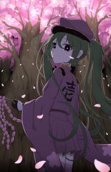 Rule 34 | 1girl, absurdres, alternate hair color, blush, cherry blossoms, closed mouth, commentary, eyeshadow, falling petals, from behind, gloves, gohei, green hair, half gloves, hat, hatsune miku, highres, holding, holding gohei, japanese clothes, long hair, looking at viewer, makeup, military, military uniform, nemo 81612100, oonusa, peaked cap, petals, pleated skirt, purple eyes, purple eyeshadow, senbon-zakura (vocaloid), skirt, smile, solo, thighhighs, twintails, uniform, very long hair, vocaloid, wide sleeves, zettai ryouiki