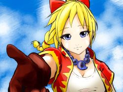 Rule 34 | 1girl, bandages, blonde hair, blue eyes, breasts, chrono cross, cleavage, closed mouth, facial mark, gloves, high ponytail, highres, jewelry, kid (chrono cross), long hair, looking at viewer, multi-tied hair, necklace, ponytail, smile, solo, vest