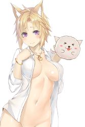 Rule 34 | &gt; &lt;, 1girl, :3, :p, animal ears, blonde hair, bottomless, bracelet, breasts, cleavage, collarbone, facial mark, hand on own chest, hand puppet, highres, jewelry, large breasts, nakamura nagare, naked shirt, navel, necklace, open clothes, open shirt, out-of-frame censoring, puppet, purple eyes, shirt, short hair, smile, solo, tongue, tongue out, transparent background