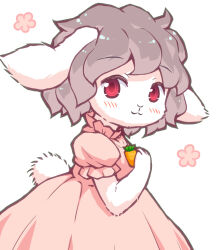 Rule 34 | 1girl, :3, animal ears, bebeneko, blush, carrot necklace, closed mouth, commentary request, cowboy shot, dress, floppy ears, frilled sleeves, frills, furrification, furry, furry female, inaba tewi, jewelry, looking at viewer, looking to the side, necklace, pink dress, puffy short sleeves, puffy sleeves, rabbit ears, rabbit girl, rabbit tail, red eyes, short hair, short sleeves, simple background, smile, solo, tail, touhou, wavy hair, white background