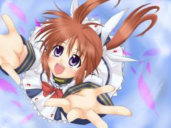 Rule 34 | 00s, bad id, bad pixiv id, blue eyes, bow, brown hair, feathers, from above, hair ribbon, lyrical nanoha, mahou shoujo lyrical nanoha, outstretched arms, ribbon, solo, spread arms, tadokoro teppei, takamachi nanoha, takamachi nanoha (original mode), twintails