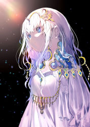 Rule 34 | 1girl, absurdres, blue eyes, closed mouth, commentary request, crescent, dress, from side, hair between eyes, hair ornament, headpiece, highres, long hair, long sleeves, looking away, original, puffy long sleeves, puffy sleeves, shiabisu, solo, upper body, white dress, white hair
