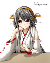 Rule 34 | 10s, 1girl, arm support, bare shoulders, black hair, brown eyes, detached sleeves, elbow rest, fuyu mi, hair ornament, hairband, hairclip, haruna (kancolle), head rest, headgear, highres, japanese clothes, jewelry, kantai collection, light smile, long hair, looking down, nontraditional miko, ring, simple background, smile, solo, wedding band, wedding ring