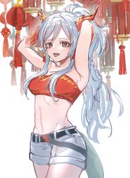 Rule 34 | 1girl, arknights, armpits, arms up, bandeau, bare arms, belt, braid, colored skin, commentary, cowboy shot, dragon horns, dragon tail, fangs, gawako, hands in hair, highres, horns, lantern, long hair, looking at viewer, midriff, multicolored hair, nian (arknights), open mouth, paper lantern, ponytail, red bandeau, red eyes, red hair, red horns, red skin, red tube top, shorts, side braid, simple background, solo, strapless, streaked hair, tail, tongue, tongue out, tube top, white background, white hair, white shorts