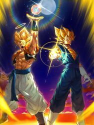 2boys abs absurdres arm_up aura black_vest blonde_hair blue_pants blue_sash blue_shirt boots commentary cropped_vest dougi dragon_ball dragon_ball_z_dokkan_battle earrings energy_ball english_commentary gloves gogeta green_eyes halo highres incoming_attack initials-drawing jewelry looking_at_viewer male_focus medium_hair metamoran_vest multiple_boys muscular muscular_male open_clothes open_mouth open_vest orange_shirt pants pointing pointing_at_viewer potara_earrings sash shirt spiked_hair standing stardust_breaker super_saiyan super_saiyan_1 teeth traditional_halo vegetto vest white_boots white_gloves white_pants