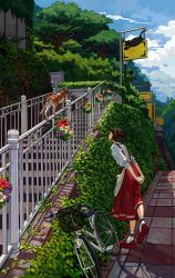 Rule 34 | 1girl, arms behind back, bag, bicycle, bicycle basket, bob cut, brown hair, building, cat, cloud, copyright request, cpieng, day, facing away, flower, from behind, highres, ivy, japan, leaning forward, long skirt, messenger bag, original, outdoors, own hands together, pavement, plant, railing, real world location, red skirt, sandals, shadow, shirt, short hair, shoulder bag, sign, skirt, sky, socks, solo, stairs, standing, sunlight, suspenders, tree, white shirt, white socks
