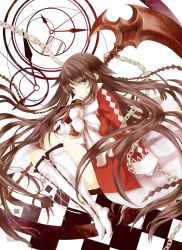 Rule 34 | 00s, 1girl, alice (pandora hearts), boots, bow, braid, brown hair, clock, dress, gloves, lampnote17, long hair, over shoulder, pandora hearts, purple eyes, ribbon, scythe, solo, very long hair, weapon, weapon over shoulder