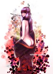 Rule 34 | 1girl, abstract background, ass, back, bat hair ornament, black hair, black kimono, breasts, butt crack, character name, commentary, dated, detached collar, dotted background, epiphyllum, eyelashes, final fantasy, final fantasy xiv, fingernails, flower, hair flower, hair ornament, hand up, high collar, highres, hime cut, holding, holding smoking pipe, japanese clothes, kanzashi, kimono, kiseru, lace collar, lips, lipstick, long hair, looking at viewer, looking back, makeup, medium breasts, mole, mole under mouth, nipples, ooshima ryou, parted lips, smoking pipe, purple hair, signature, small breasts, smoke, smoking, solo, tassel, tsurime, undressing, white background, yellow eyes, yotsuyu goe brutus, yuujo