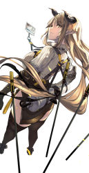 Rule 34 | 1girl, absurdres, arknights, back, beige sweater, black gloves, black thighhighs, blonde hair, breasts, commentary request, elbow gloves, fujita (condor), gloves, hair ornament, hair ribbon, highres, horns, id card, long hair, meteorite (arknights), ponytail, ribbon, simple background, smile, solo, sweater, thighhighs, white background, yellow eyes