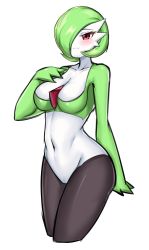 Rule 34 | 1girl, :3, absurdres, alternate breast size, black pantyhose, blush, bob cut, breasts, closed mouth, collarbone, colored skin, cowboy shot, creatures (company), cropped legs, crotchless, crotchless pantyhose, female focus, game freak, gardevoir, gen 3 pokemon, green hair, green skin, groin, hair over one eye, half-closed eyes, hand up, happy, highres, looking at viewer, mapyarong, medium breasts, mole, mole under eye, multicolored skin, navel, nintendo, one eye covered, pantyhose, pokemon, pokemon (creature), red eyes, short hair, simple background, sketch, smile, solo, split mouth, standing, stomach, two-tone skin, white background, white skin