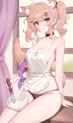 Rule 34 | 1girl, :3, absurdres, animal ear fluff, animal ears, apron, black panties, blush, bow, bow panties, bowl, breasts, cat ears, cat girl, cat tail, cleavage, cream, curtains, facial mark, hair ornament, hairclip, highres, indoors, looking at viewer, medium breasts, naked apron, panties, secon, shyrei faolan, sitting, skindentation, smile, solo, tail, tentacles, thighs, underwear, virtual youtuber, vyugen, whisker markings, window