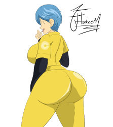 Rule 34 | 1girl, absurdres, artist name, ass, blue eyes, blue hair, bodysuit, breasts, bulma, closed eyes, dragon ball, dragon ball super, dragon ball super super hero, dragonball z, from behind, hakeem, highres, huge ass, large breasts, open mouth, shiny clothes, short hair, sideboob, skin tight, smile, solo, yellow bodysuit