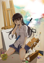 Rule 34 | 1girl, absurdres, art brush, bad id, bad pixiv id, black eyes, black hair, canvas (object), dripping, easel, facepalm, highres, impaled, kneeling, long hair, original, oversized object, paint can, paint splatter, paintbrush, palette (object), pencil, seiza, shadow, shirt, sitting, sketchbook, skirt, sleeves pushed up, solo, surreal, what, yuu (kyuutai kansetsu)