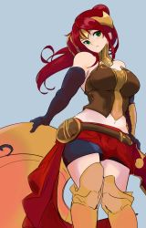 Rule 34 | 1girl, bare shoulders, breasts, closed mouth, elbow gloves, gloves, green eyes, highres, long hair, looking at viewer, navel, ponytail, pyrrha nikos, red hair, rwby, shousetsu, simple background, solo, thighhighs, very long hair