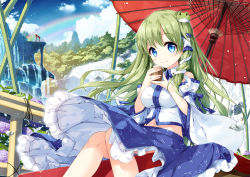 Rule 34 | 1girl, bare shoulders, blue eyes, blue skirt, bug, butterfly, cup, day, detached sleeves, flower, forest, frog, frog hair ornament, green hair, hair ornament, hair tubes, holding, holding cup, hydrangea, insect, knees together feet apart, kochiya sanae, long hair, looking at viewer, miyase mahiro, nature, oil-paper umbrella, outdoors, rainbow, shirt, sitting, skirt, smile, snake hair ornament, solo, torii, touhou, umbrella, water, waterfall, white shirt, yunomi