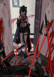 Rule 34 | 1girl, animal ears, arknights, black coat, black footwear, black gloves, black hair, black necktie, black shorts, blood, blood on clothes, blood on face, blood on leg, blood on wall, chest harness, coat, collared shirt, commentary, corpse, english commentary, unworn eyewear, fedora, gloves, harness, hat, highres, holding, holding removed eyewear, holding sword, holding weapon, impaled, indoors, long hair, necktie, off shoulder, open clothes, open coat, parted lips, planted, planted sword, planted weapon, ponytail, red eyes, red medicine, shirt, shorts, socks, solo, standing, sunglasses, sword, texas (arknights), thigh strap, weapon, white shirt, white socks, wolf ears