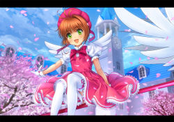 Rule 34 | 1990s (style), 1girl, :d, bad id, bad pixiv id, bow, bowtie, brown hair, cardcaptor sakura, cherry blossoms, clock, clock tower, day, gloves, green eyes, hat, highres, kinomoto sakura, letterboxed, looking at viewer, magical girl, mutsuki (moonknives), open mouth, outdoors, pink hat, red bow, red bowtie, retro artstyle, sky, smile, solo, thighhighs, tower, white gloves, white thighhighs