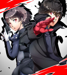 1boy 1girl absurdres amamiya_ren armor back-to-back black_coat black_hair black_shirt braid brown_hair coat crown_braid dress_shirt gloves gun hair_between_eyes highres holding holding_gun holding_weapon looking_at_viewer nakano_maru niijima_makoto open_clothes open_coat open_mouth persona persona_5 red_eyes red_gloves shadow shirt short_hair shoulder_armor weapon white_gloves