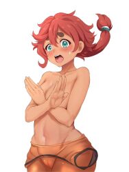Rule 34 | 1girl, absurdres, blush, covering privates, covering breasts, embarrassed, female focus, green eyes, gundam, gundam suisei no majo, highres, monta, ponytail, red hair, solo, suletta mercury, topless