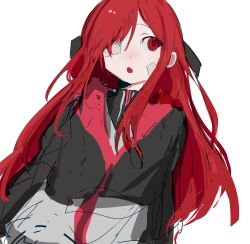Rule 34 | 1girl, absurdres, black jacket, dutch angle, highres, jacket, limbus company, long hair, long sleeves, looking to the side, moth ram, open mouth, project moon, red eyes, red hair, sidelocks, simple background, solo, very long hair, white background, yuri (project moon)