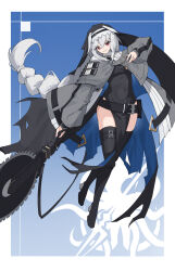 Rule 34 | 1girl, absurdres, arknights, black dress, black hat, black thighhighs, braid, breasts, circular saw, covered navel, dress, full body, grey jacket, hair between eyes, hat, highres, holding, holding weapon, jacket, long hair, necktie, open clothes, open jacket, parted lips, red eyes, saw, small breasts, smile, solo, specter (arknights), thighhighs, thighs, very long hair, weapon, xue jian ying